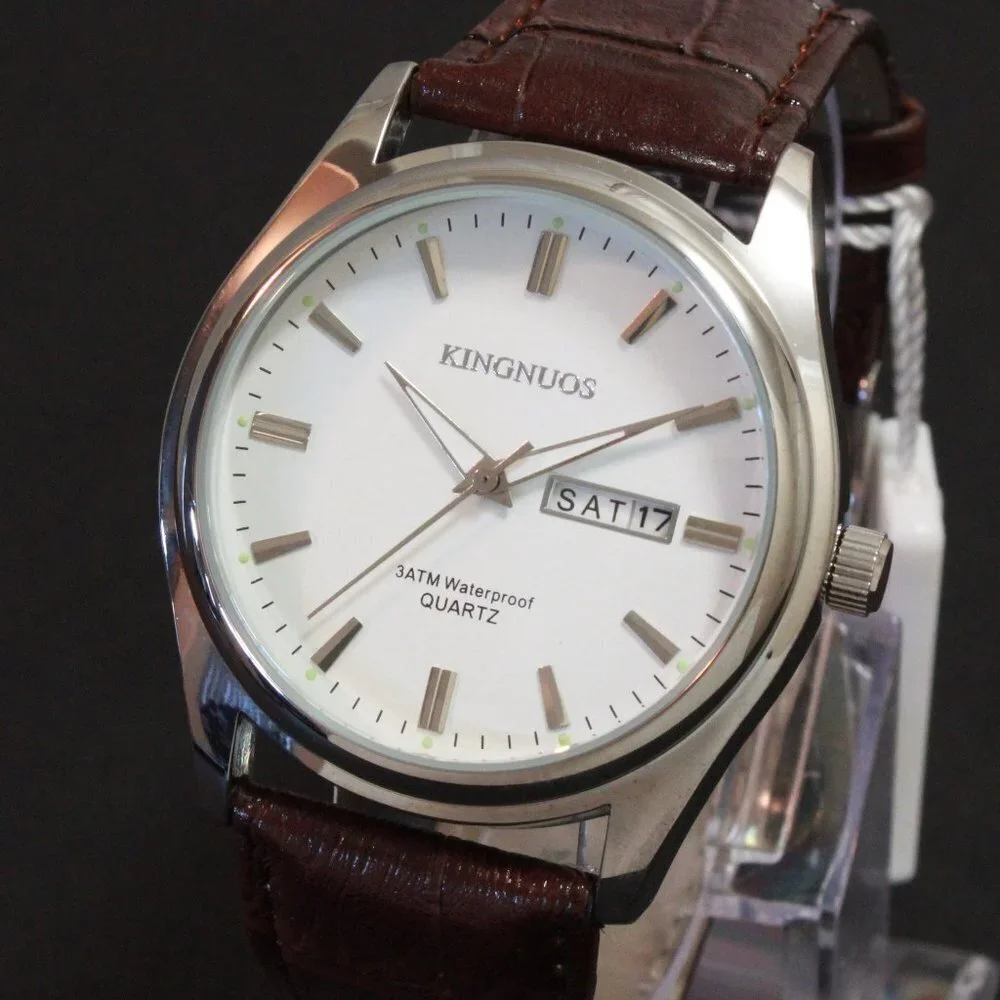 Men's Contemporary Dress Watch Silver Case Brown Leather Watch Strap 40mm - Picture 7 of 12